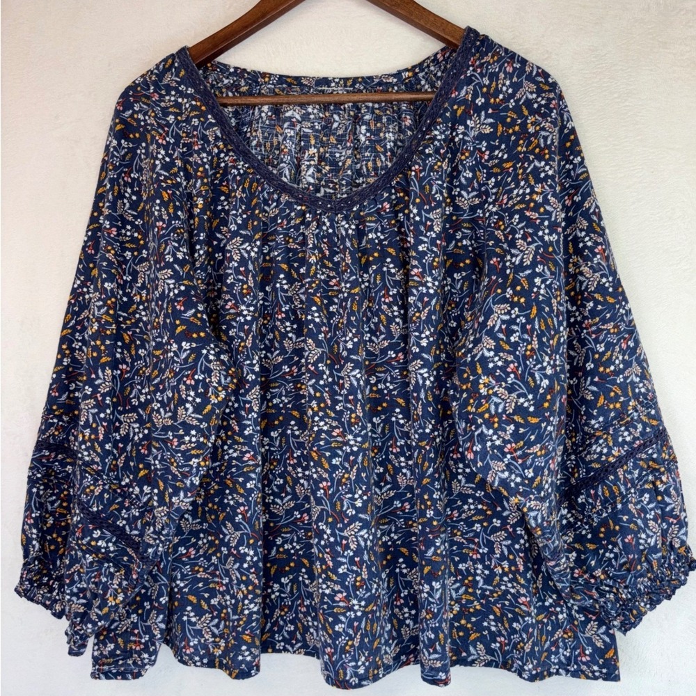 100% COTTON FLORAL BLOUSE Top Navy Breathable Lightweight Plus Size 2X Loose